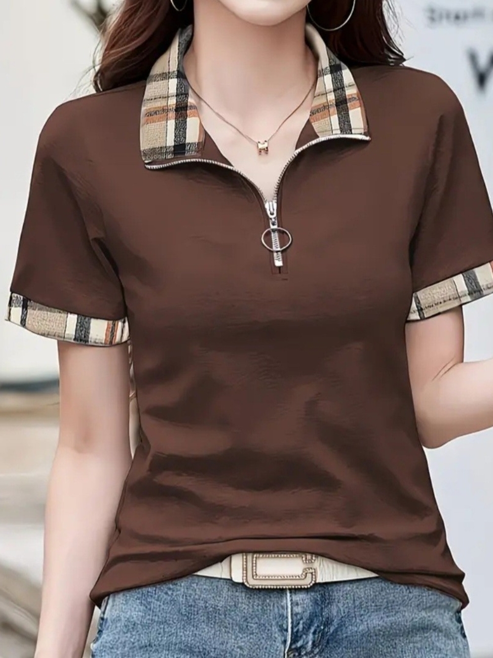 Plaid-Trim Brown Women's Zip Polo Top